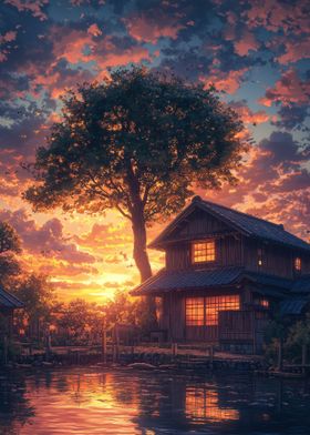 Japanese House Sunset