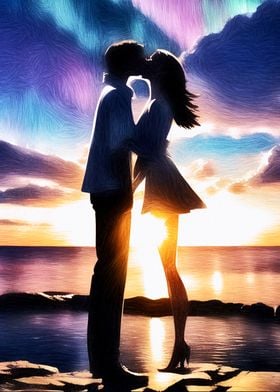 Silhouette Kiss at Sunset