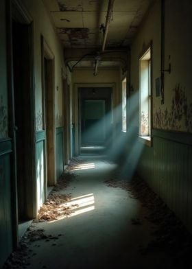 Sunbeams in Abandoned Hallway