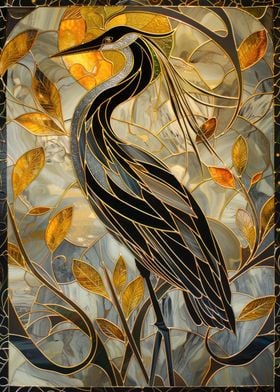 Kintsugi Heron Stained Glass