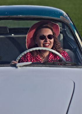 Woman Pin Up Driving Vintage Car