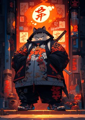 Cat Samurai in Urban Setting