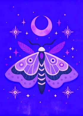 Whimsigoth Lunar Moth with Celestial Moon and Stars in Purple