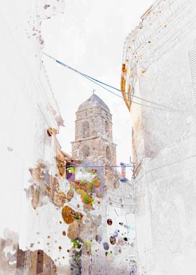 Stone Bell Tower in Italian Alley Caserta Vecchia