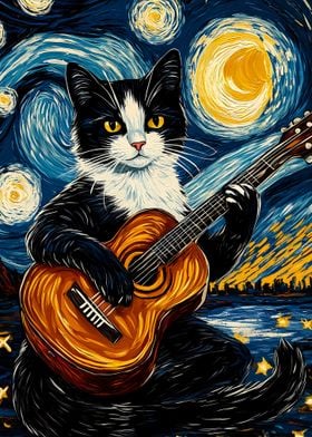 Cat Playing Guitar in Starry Night