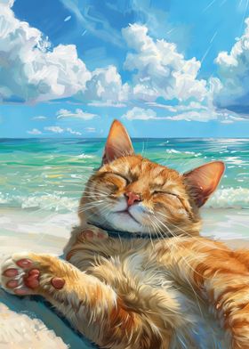 Cat Relaxing on Beach Summer