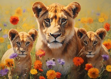 Lioness and Cubs in Flowers