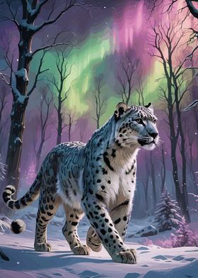 Snow Leopard Under Aurora Borealis