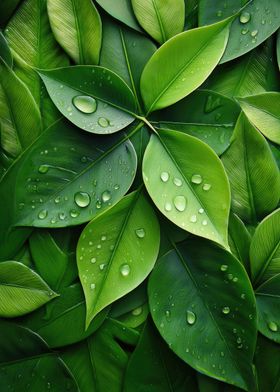 Green Leaves with Dew Drops