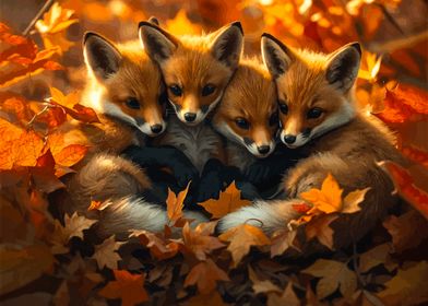 Fox Cubs in Autumn Leaves