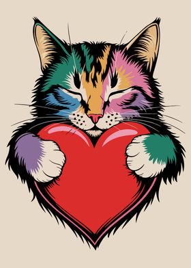 Rainbow Cat Holding Heart