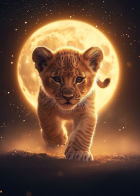 Lion Cub Under Full Moon