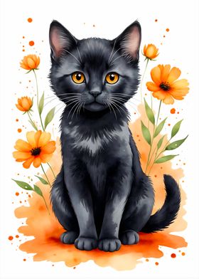 Black Cat with Flowers