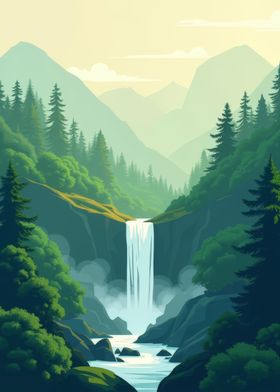 Waterfall in Mountain Valley