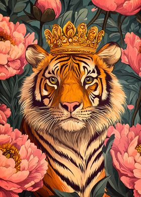 Tiger with Crown and Flowers