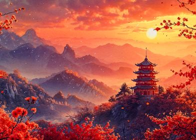 Sunset Pagoda Landscape