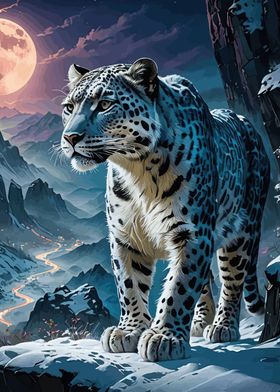 Snow Leopard Under Moonlight