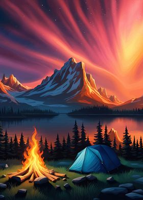 Campfire Under Mountain Sunset