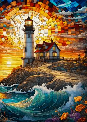 Lighthouse Sunset Stained Glass