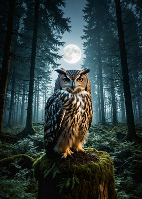 Owl in Moonlight Forest