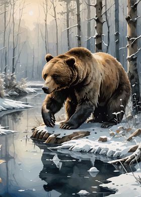 Brown Bear in Winter Forest