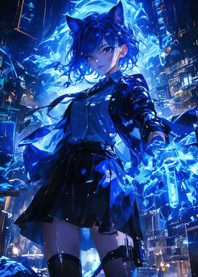 Blue-Haired Anime Girl with Energy