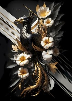 Black Phoenix with Flowers