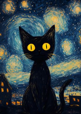 Black Cat in Jolly Starry Night 