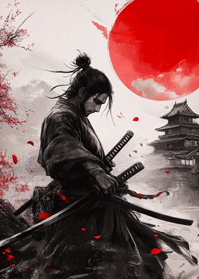 Samurai with Red Moon