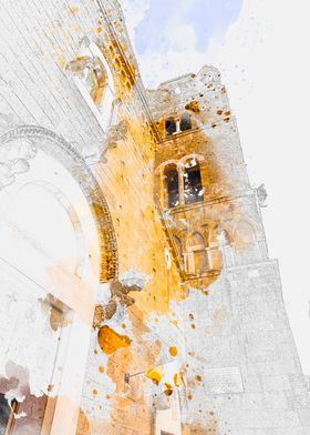 Old Church Tower Watercolor Caserta vecchia