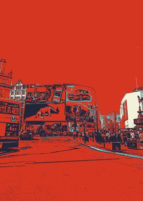 Red Cityscape with Double-Decker Bus