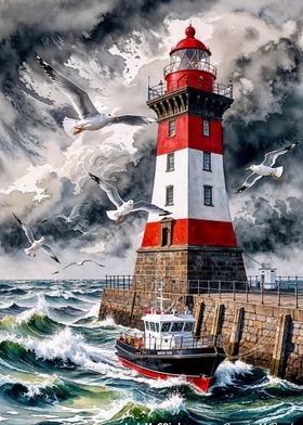 Lighthouse and Stormy Sea