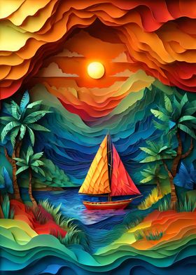 Papercut Sunset Sailboat