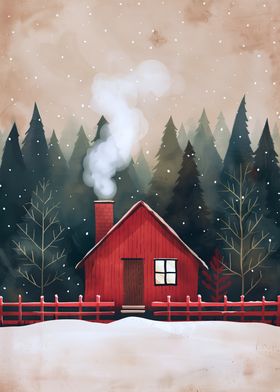 Cozy Red Cabin in Winter