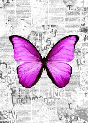 Pink Butterfly on Old Vintage Newspaper Collage