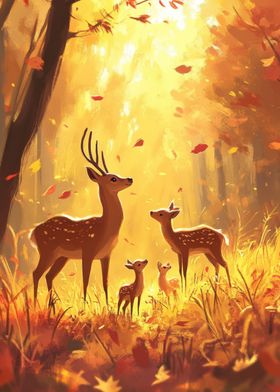 Deer Family in Autumn Forest