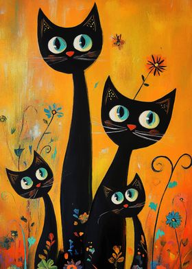 Three Black Cats in a Garden