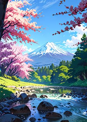 cherry blossom Japan art fuji mountain spring landscape green forest trees lake and rocks anime style colorful cute scene white clouds and sky