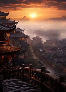 Sunrise Over Chinese Village