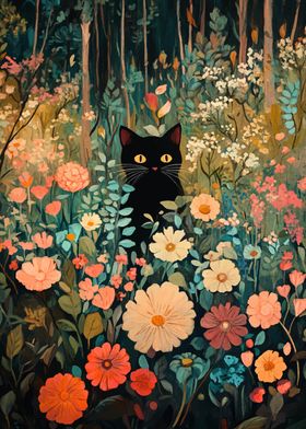 Black Cat in Flower Garden