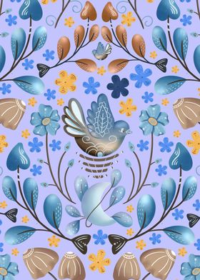 Folk Art Floral Blue Birds and Mushrooms