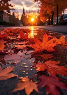 Autumn Leaves in Puddle