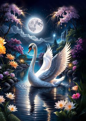 Swan  in magic Lake Under Full Moon