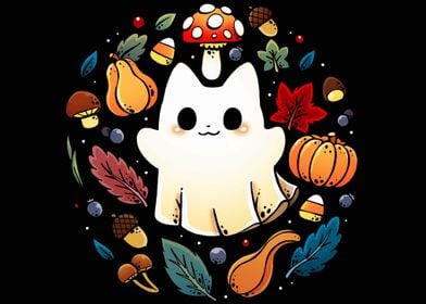 Cute Ghost with Autumn Elements