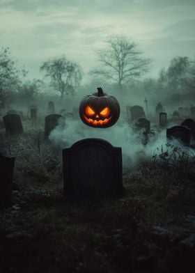 Halloween Pumpkin in Graveyard