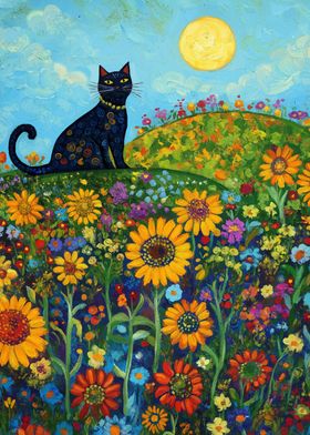 Black Cat in Sunflower Field