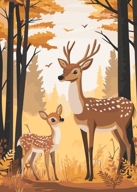 Deer Family in Autumn Forest