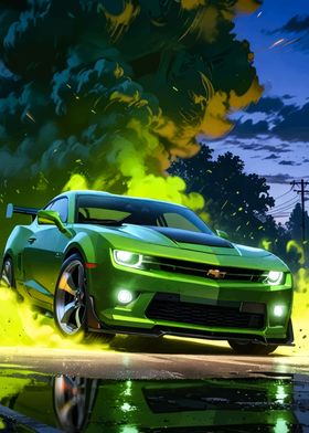 Green Camaro with Smoke