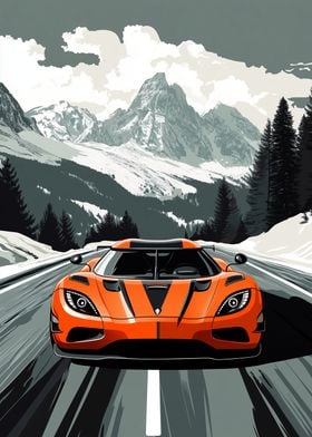 Orange Supercar in Mountains