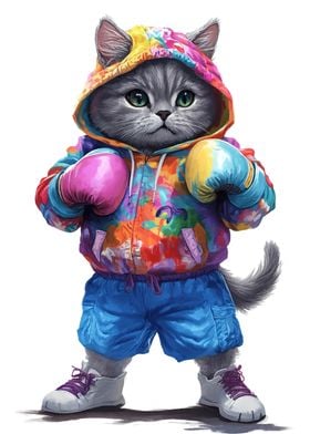 Boxing Cat in Tie-Dye